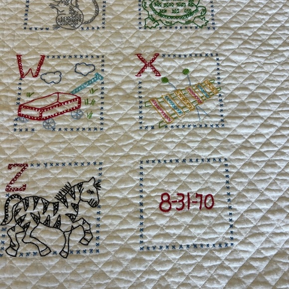 Vintage Cross-Stitch Alphabet Baby Quilt – 1970 – 38” x 56 - Picture 2 of 13